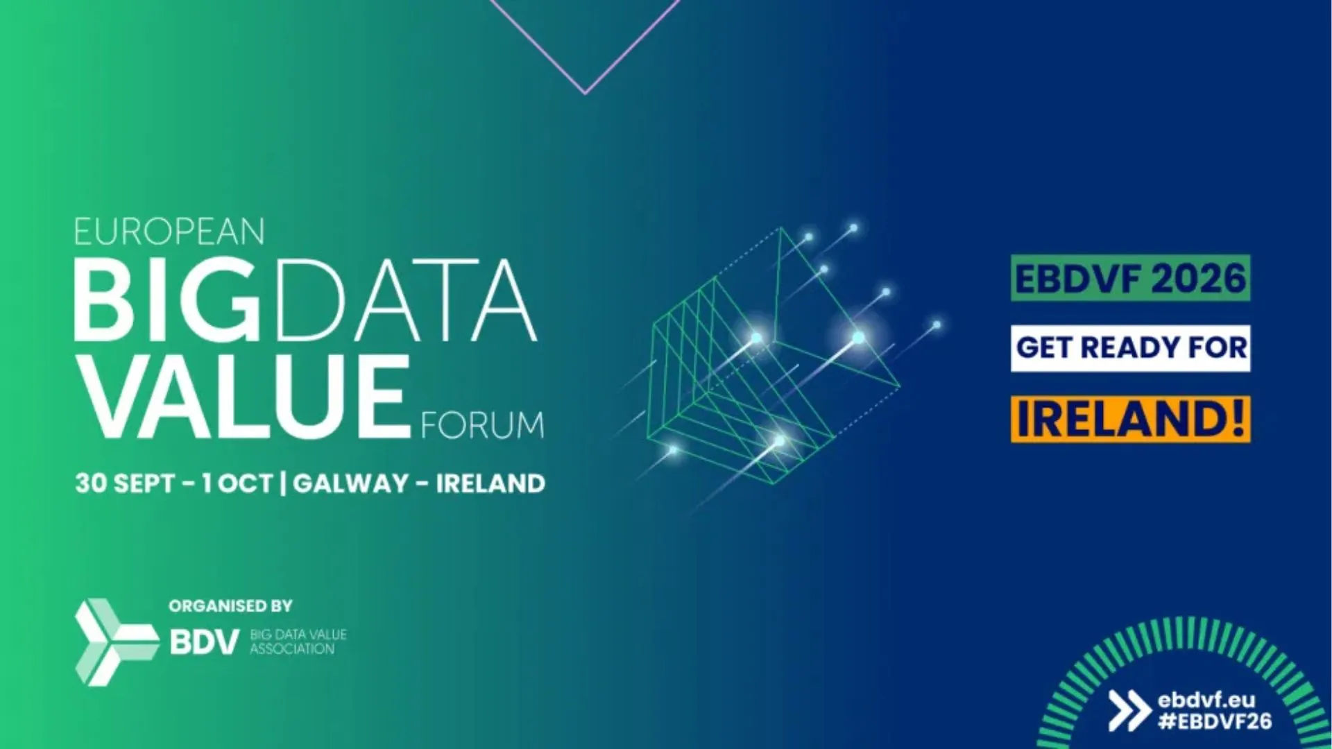 Banner oficial del European Big Data Value Forum (EBDVF 2026) en Galway, Irlanda, del 30 de septiembre al 1 de octubre, organizado por la Big Data Value Association (BDVA).