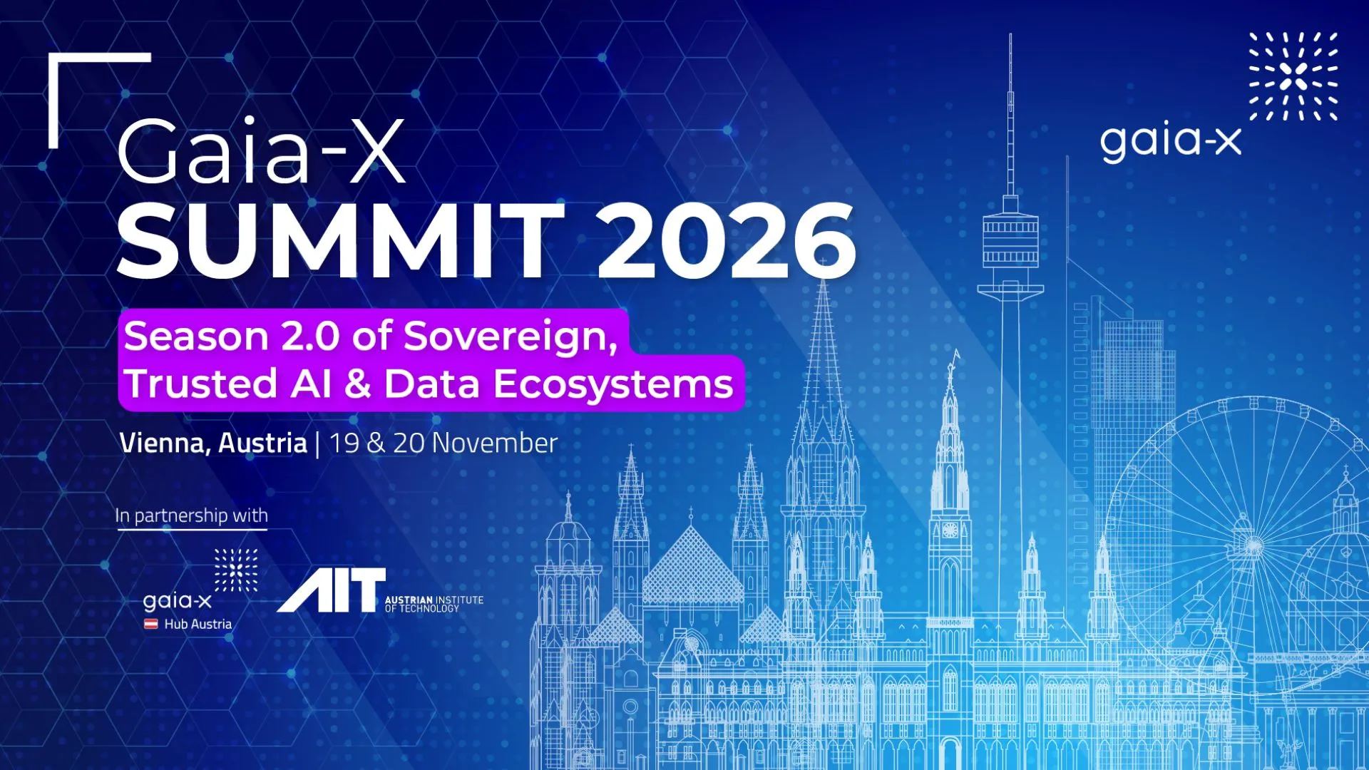 Cartel oficial del Gaia-X Summit 2026 en Viena, Austria, sobre la Temporada 2.0 de Ecosistemas de Datos e Inteligencia Artificial Soberanos y de Confianza, organizado con Gaia-X Hub Austria y AIT.