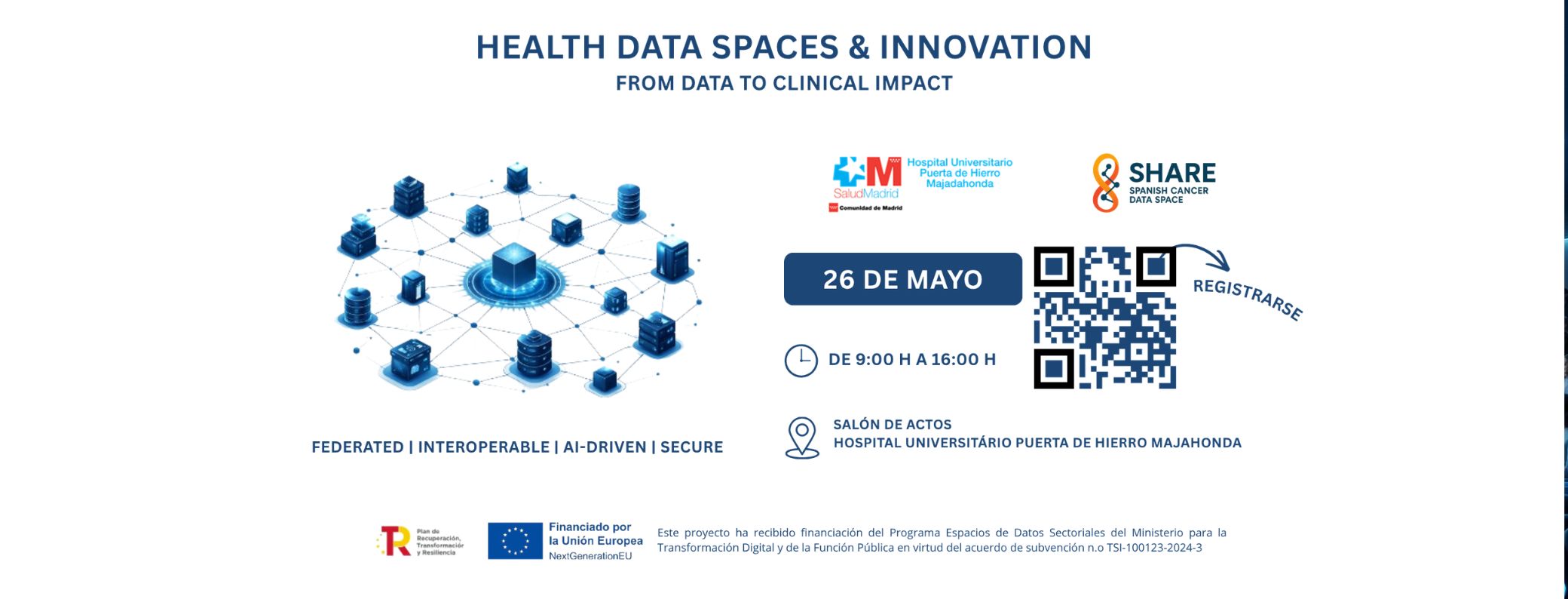 Cartel del evento Health Data Spaces & Innovation sobre espacios de datos federados, interoperables y seguros en el Hospital Puerta de Hierro Majadahonda.